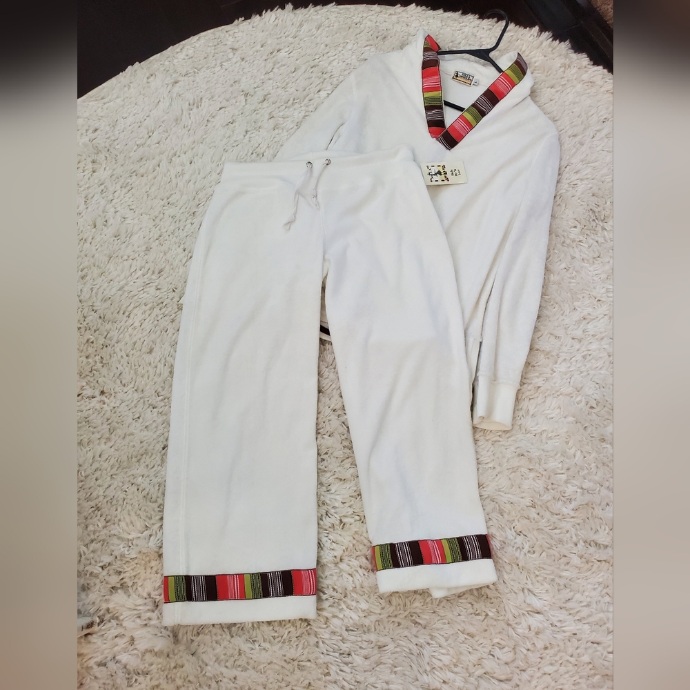 White Women's Two-Piece Lounge Set with Striped Trim by Unknown Brand